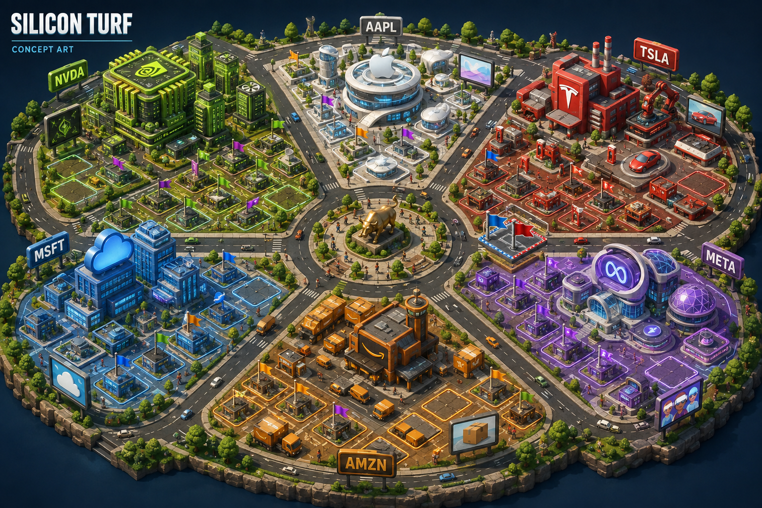 The original illustrated city: NVIDIA, Apple, Tesla, Microsoft, Amazon and Meta districts surrounding the central bull plaza